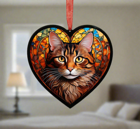 Tabby Cat Stained Glass Effect Heart Suncatcher